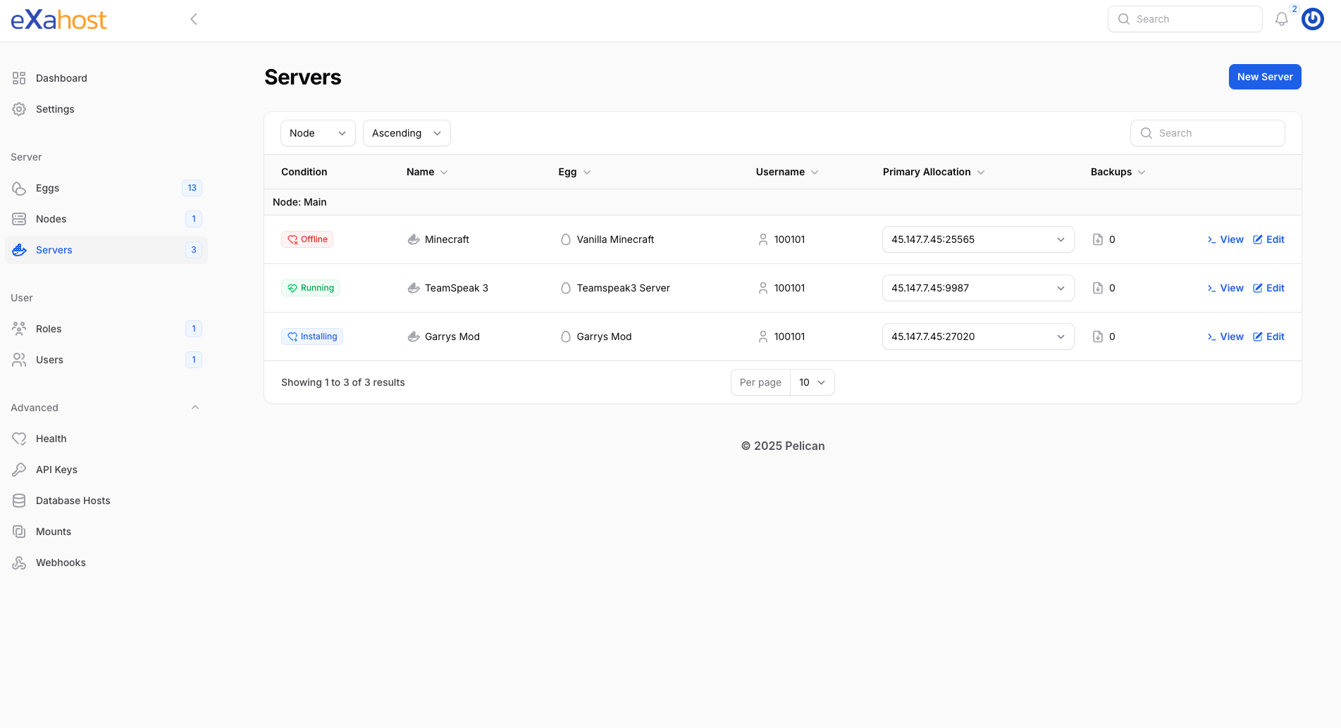 Screenshot von Pelican Gameserver-Panel