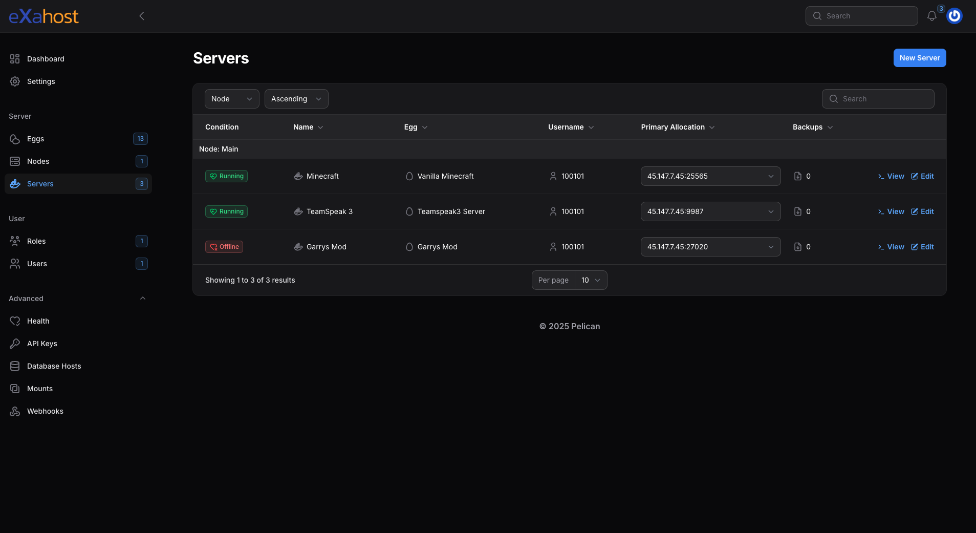 Screenshot von Pelican Gameserver-Panel
